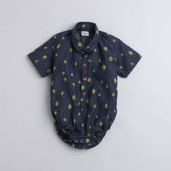 Polka Tots Half Sleeve Onesie Romper Denim All Over Print Guava With Bow Tie Blue