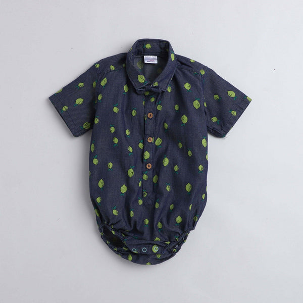 Polka Tots Half Sleeve Onesie Romper Denim All Over Print Guava With Bow Tie Blue