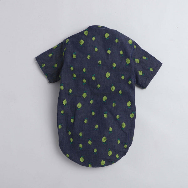 Polka Tots Half Sleeve Onesie Romper Denim All Over Print Guava With Bow Tie Blue
