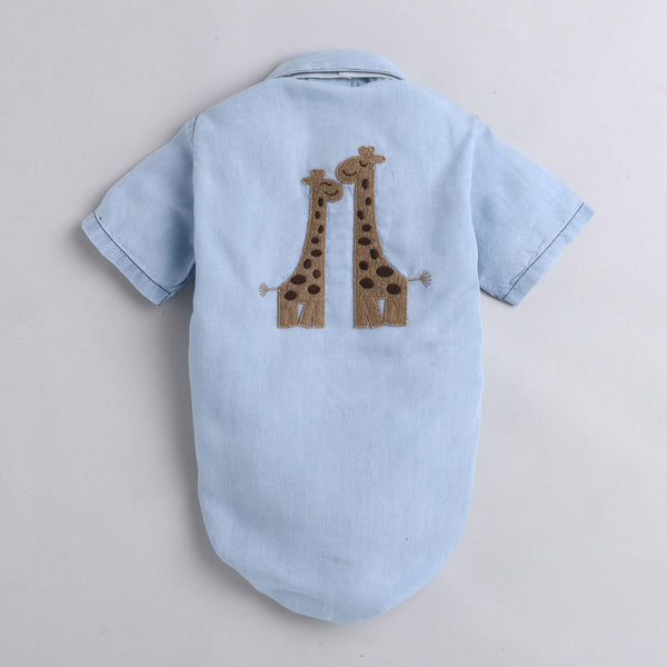 Polka Tots Half Sleeve Onesie Romper Denim Giraffe With Bow Tie Blue