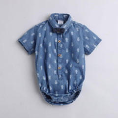 Polka Tots Half Sleeve Onesie Romper Denim All Over Print Pineapple With Bow Tie Blue