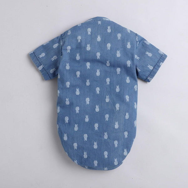 Polka Tots Half Sleeve Onesie Romper Denim All Over Print Pineapple With Bow Tie Blue