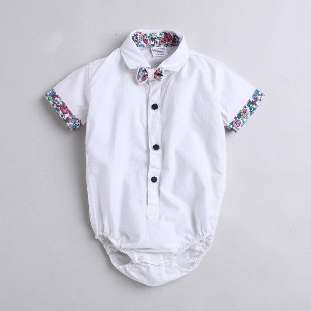 Polka Tots Half Sleeve Onesie Romper Plain Solid With Bow Tie White