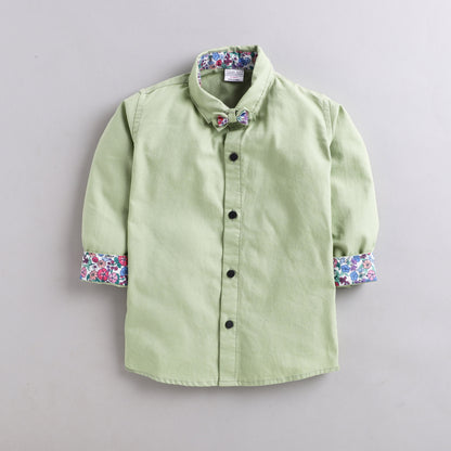 Polka Tots 100% Cotton Full Sleeves Solid Shirt With Bow Tie - Green