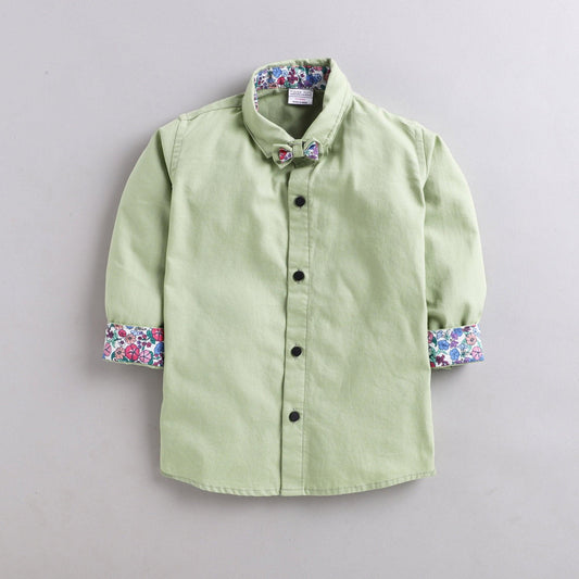 Polka Tots 100% Cotton Full Sleeves Solid Shirt With Bow Tie - Green