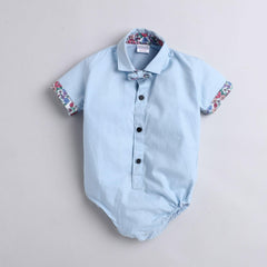 Polka Tots Half Sleeve Onesie Romper Plain Solid With Bow Tie Blue