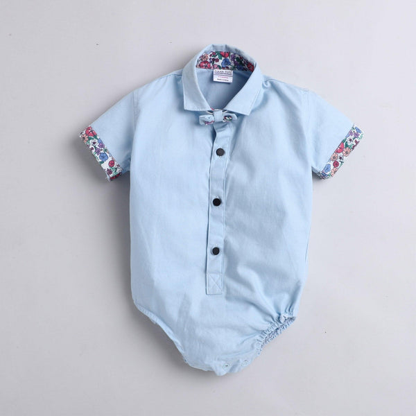Polka Tots Half Sleeve Onesie Romper Plain Solid With Bow Tie Blue
