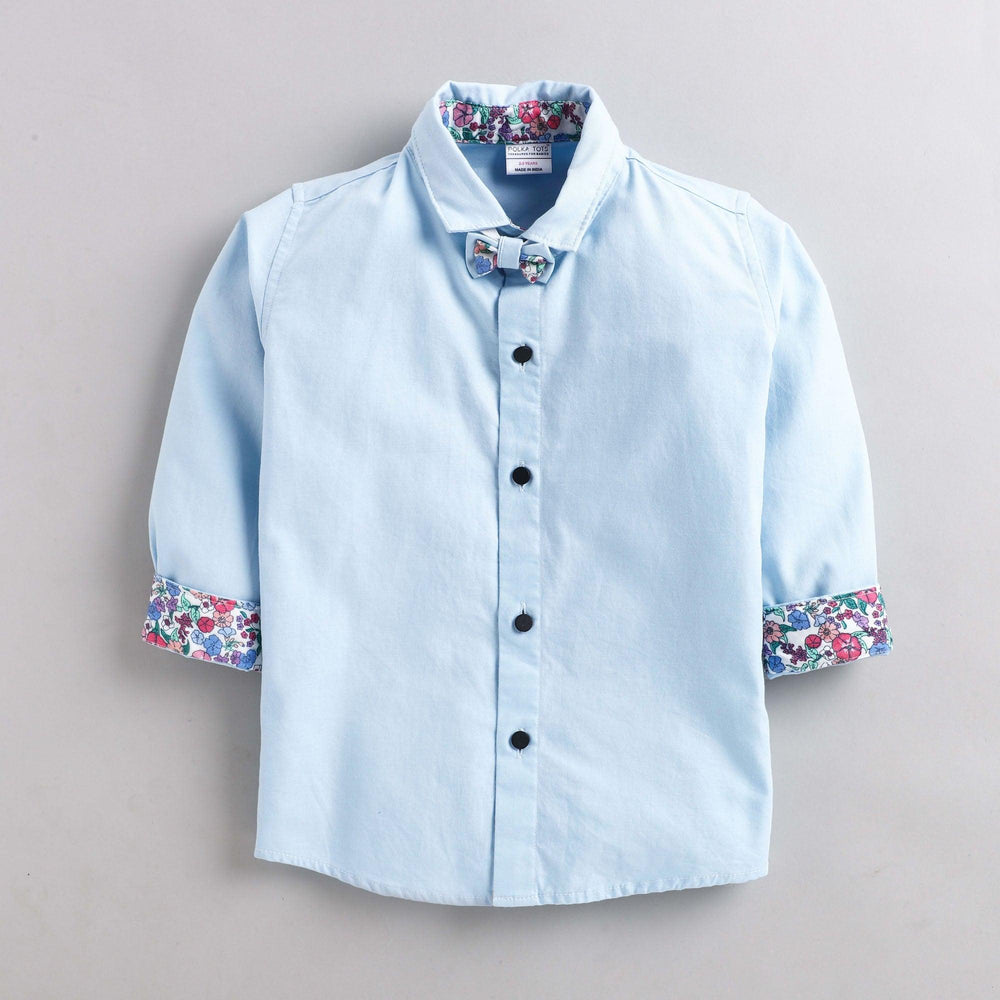 Polka Tots 100% Cotton Full Sleeves Solid Shirt With Bow Tie - Blue