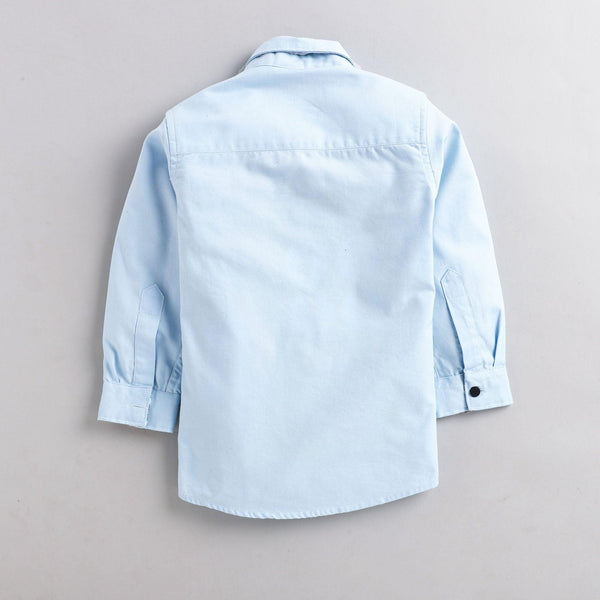 Polka Tots 100% Cotton Full Sleeves Solid Shirt With Bow Tie - Blue