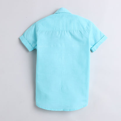 Polka Tots Half Sleeves Fish Embroidery Detailing Shirt - Blue