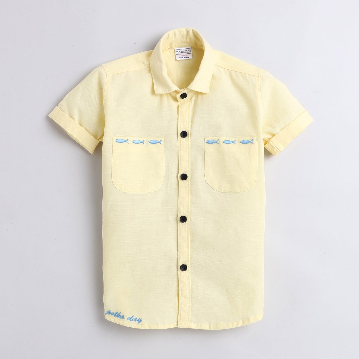 Polka Tots Half Sleeves Fish Embroidery Detailing Shirt - Yellow