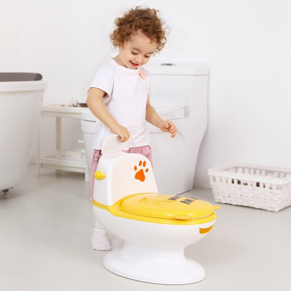 baby opening wipe storage box on yellow potty training seat  