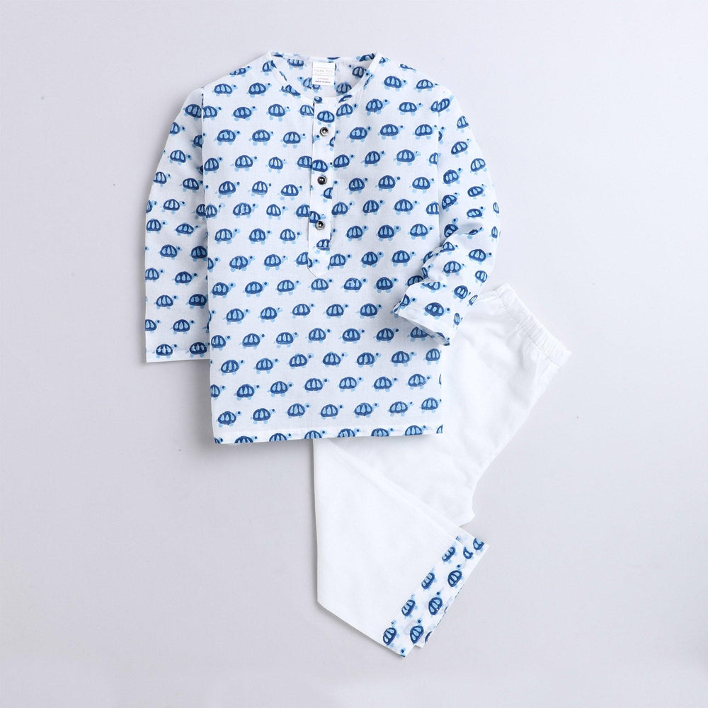 Polka Tots Tortoise print Full sleeves Nightwear Kurta pyjama set - Blue