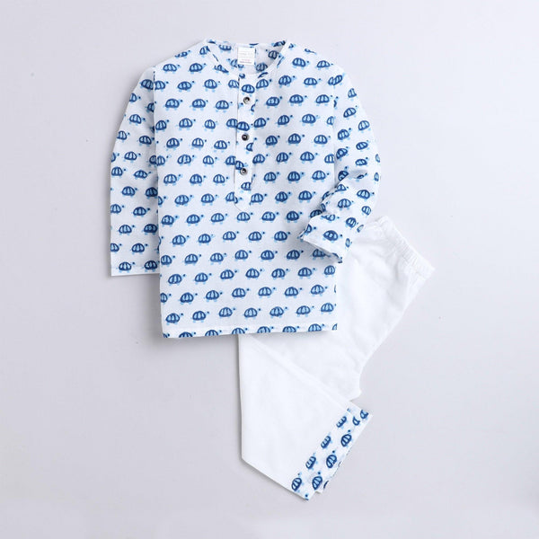 Polka Tots Tortoise print Full sleeves Nightwear Kurta pyjama set - Blue