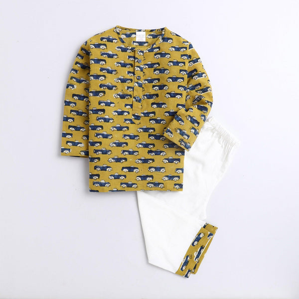 Polka Tots Car print Full sleeves Nightwear Kurta pyjama set - Yellow
