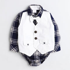 Polka Tots Full Sleeve Onesie with Waistcoat and Bow tie Blue