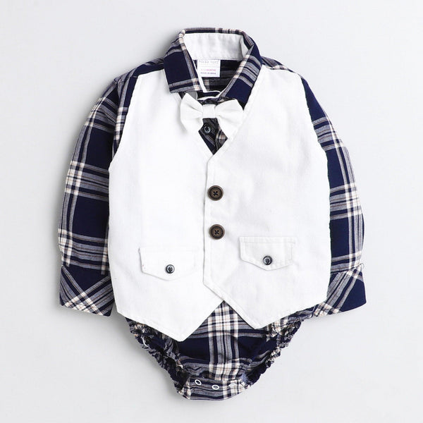 Polka Tots Full Sleeve Onesie with Waistcoat and Bow tie Blue