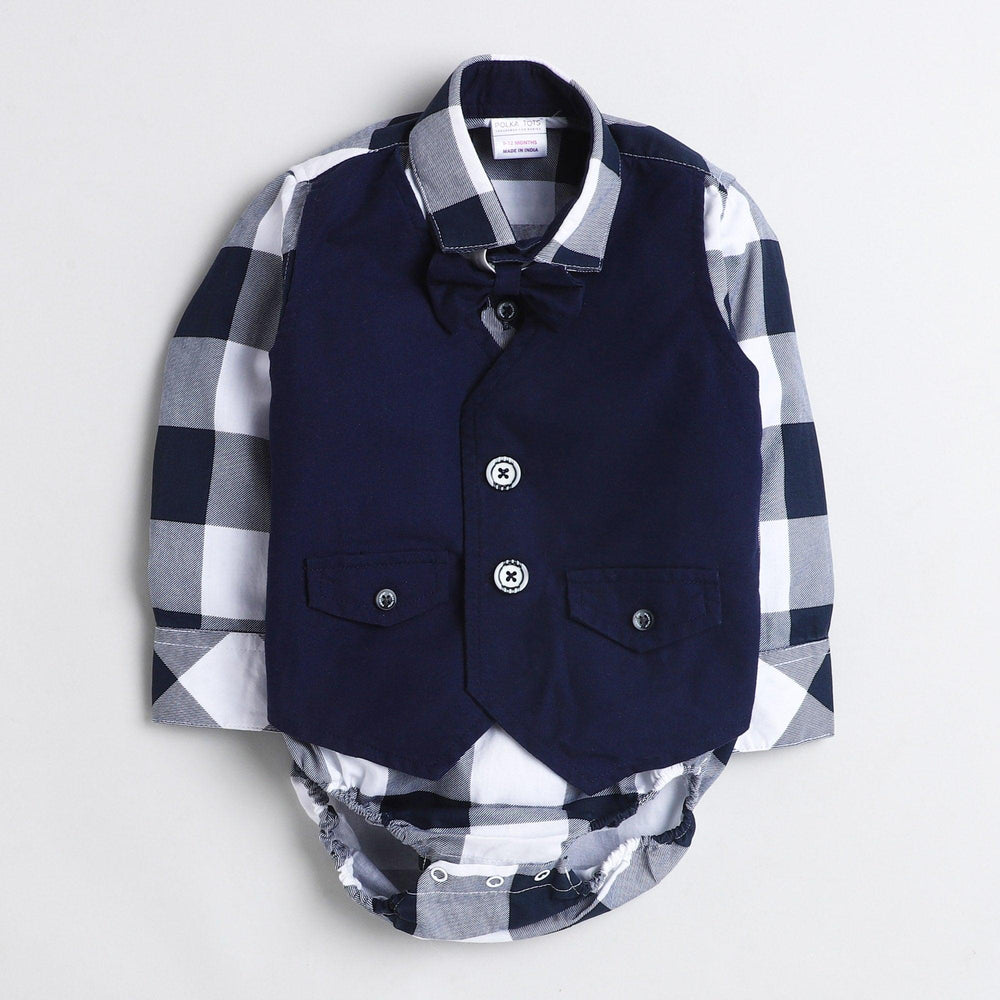 Polka Tots Full Sleeve Onesie with Waistcoat and Bow tie Blue