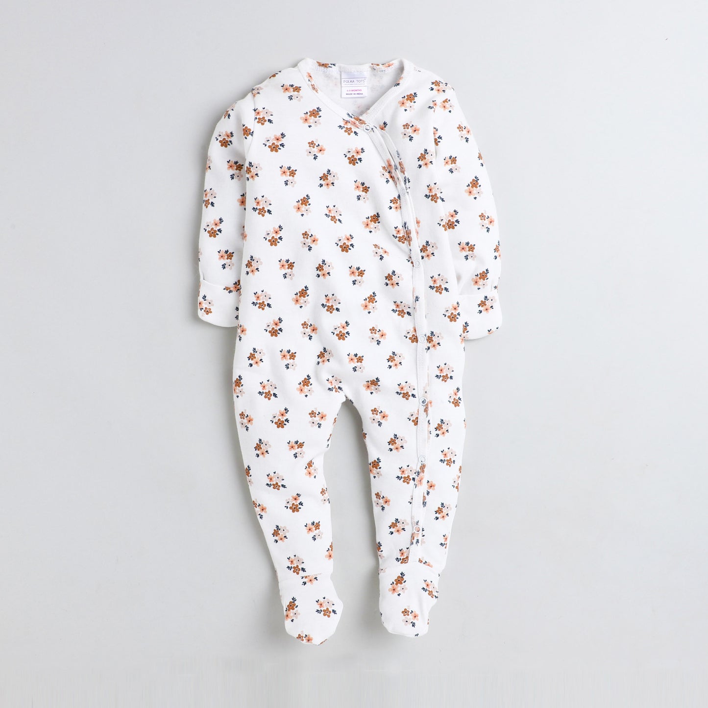 Polka Tots Footed Onesie with mittens 100% Cotton Floral - White