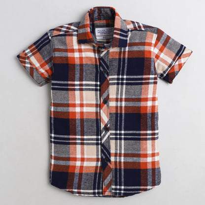 Polka Tots Half Sleeve Shirt 100% Cotton Checkered With Inside Tshirt Dinosaur Print - Orange