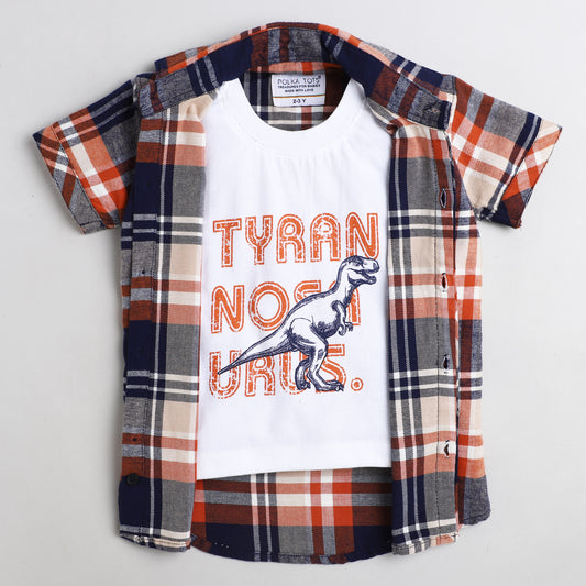 Polka Tots Half Sleeve Shirt 100% Cotton Checkered With Inside Tshirt Dinosaur Print - Orange