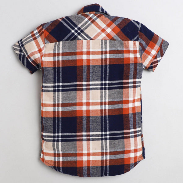 Polka Tots Half Sleeve Shirt 100% Cotton Checkered With Inside Tshirt Dinosaur Print - Orange