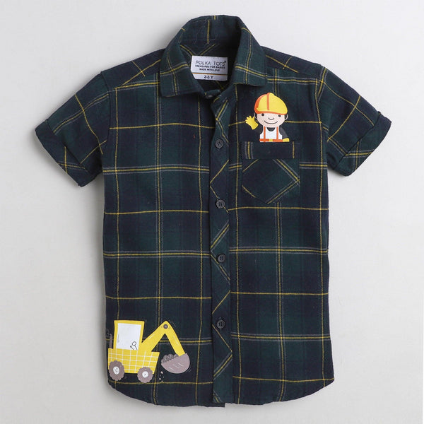 Polka Tots Half Sleeve Shirt 100% Cotton Checkered With Pockets JCB Contractor - Green