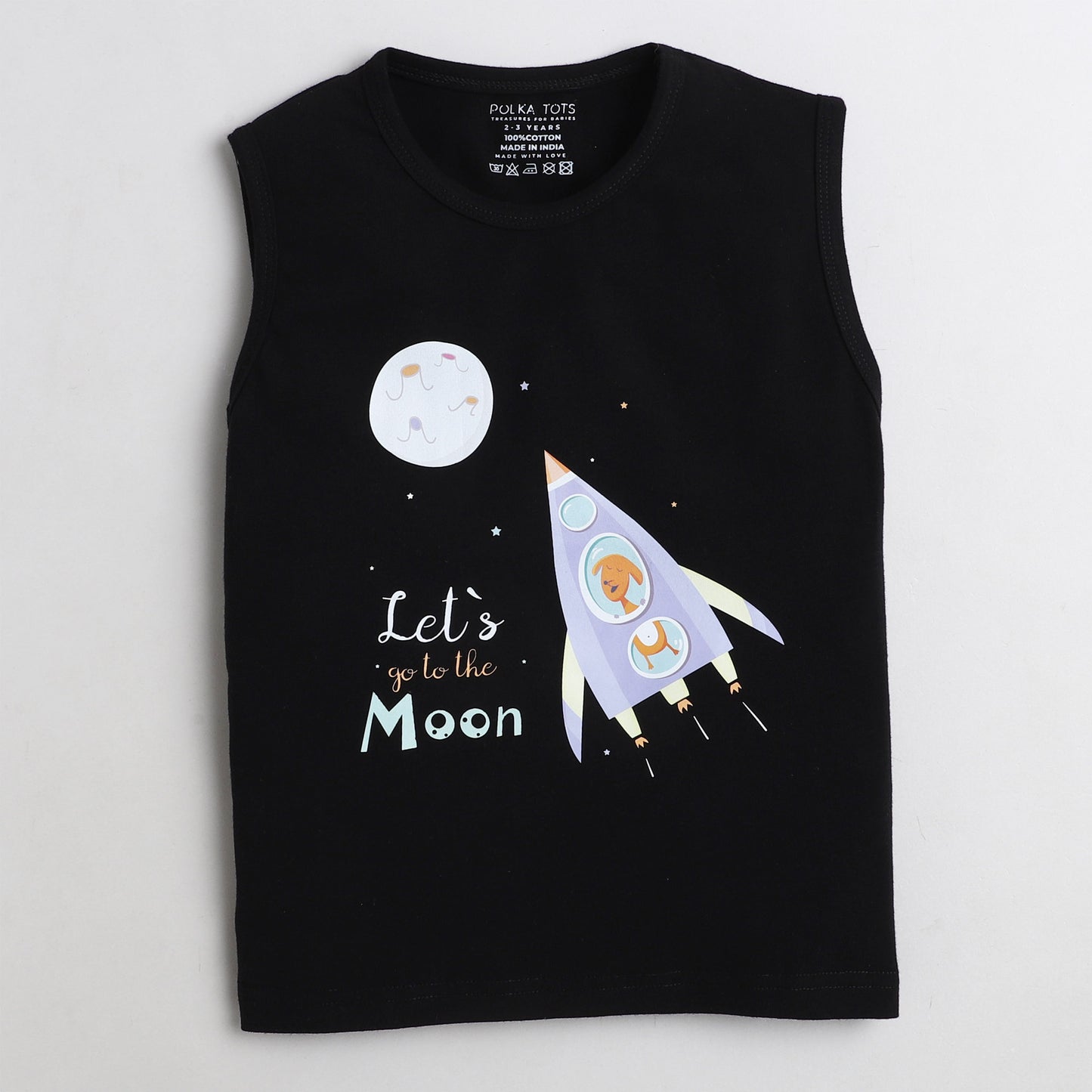 Polka Tots Sleeve Less T-Shirt Let's Goto The Moon - Black
