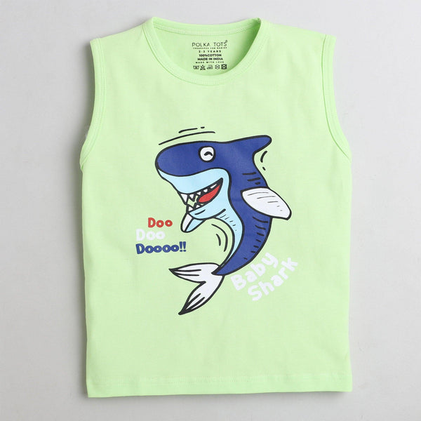 Polka Tots Sleeve Less T-Shirt Baby Shark Print - Green