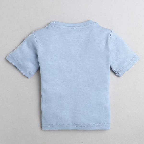 Polka Tots Half Sleeve T-Shirt With Cat Thinking in The Pocket Print - Blue