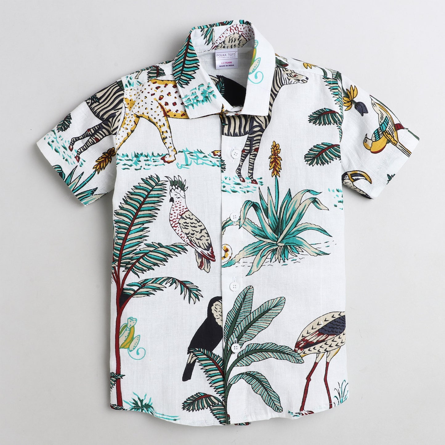 Polka Tots Half Sleeve Shirt 100% Cotton Beach With Animal Print - White