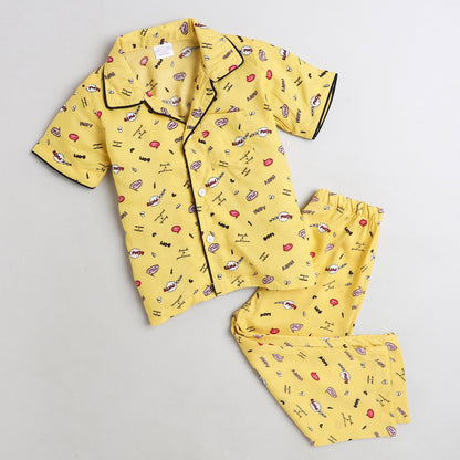Polka Tots Half Sleeve Night Suit Rayon Pair Bom Funny - Yellow