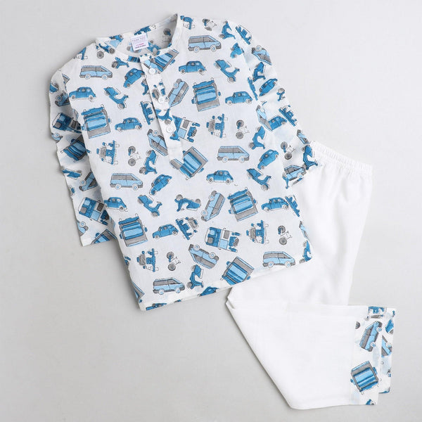 Polka Tots Vehicle print Full sleeves Nightwear Kurta pyjama set - Blue