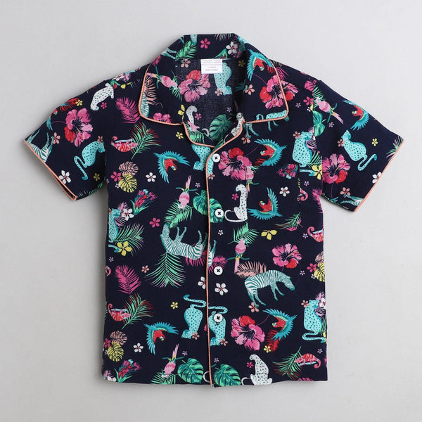 Polka Tots Half Sleeve Night Suit Rayon Pair Bird Animals - Navy Blue