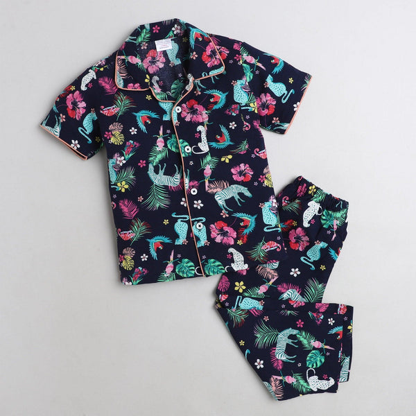 Polka Tots Half Sleeve Night Suit Rayon Pair Bird Animals - Navy Blue