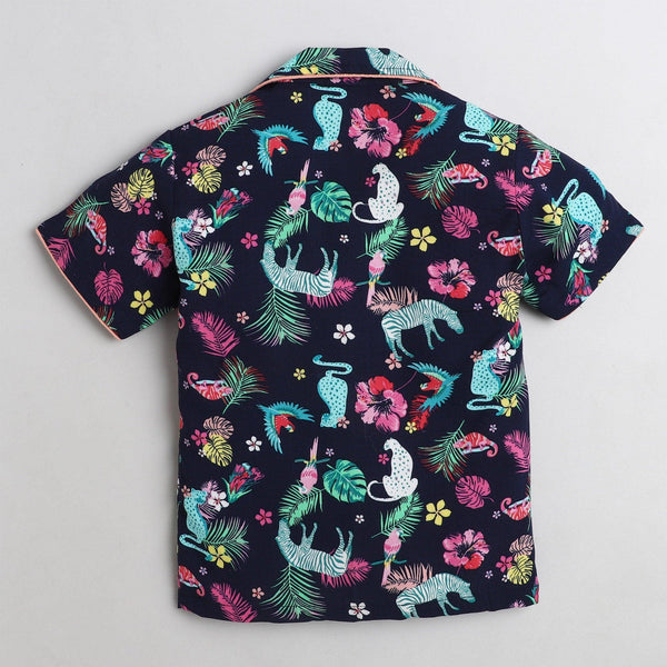 Polka Tots Half Sleeve Night Suit Rayon Pair Bird Animals - Navy Blue