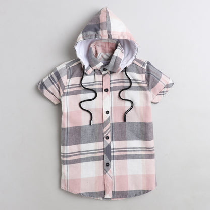 Polka Tots Half Sleeve Shirt 100% Cotton Checkered With Stylish Hoddie - Pink