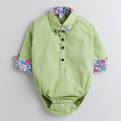 Polka Tots Full Sleeve Onesie Romper Plain Solid With Bow Tie Green