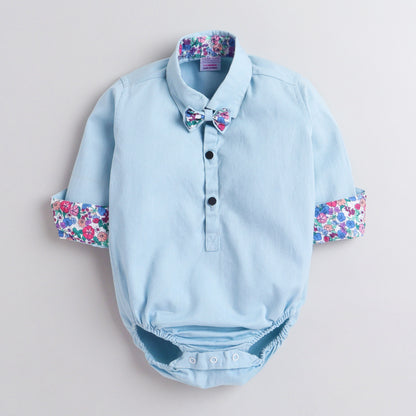 Polka Tots Full Sleeve Onesie Romper Plain Solid With Bow Tie Blue