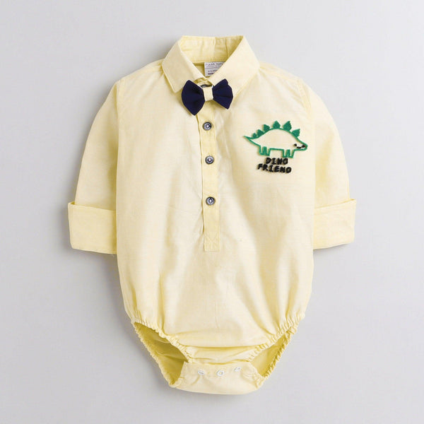 Polka Tots Full Sleeve Onesie with Bow Tie Dinosaur Yellow