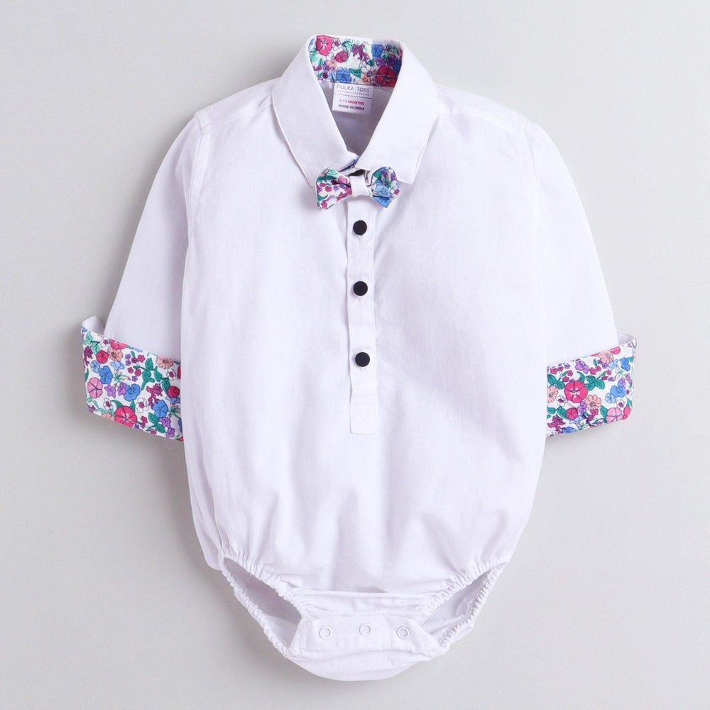Polka Tots Full Sleeve Onesie Romper Plain Solid With Bow Tie White
