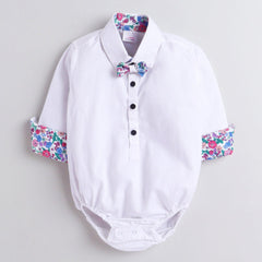 Polka Tots Full Sleeve Onesie Romper Plain Solid With Bow Tie White