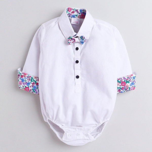 Polka Tots Full Sleeve Onesie Romper Plain Solid With Bow Tie White