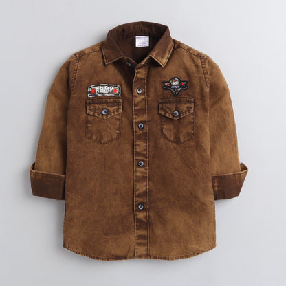 Polka Tots Full Sleeve Cargo Shirt With Two Pockets Flap Brown