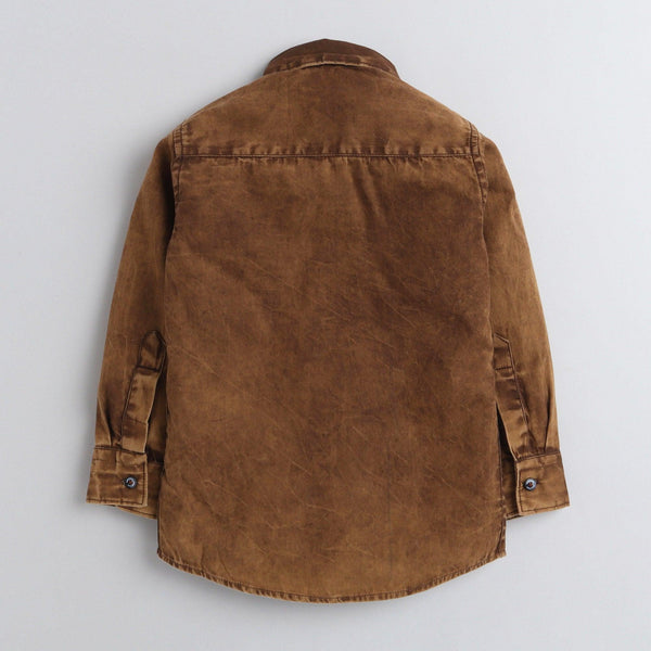Polka Tots Full Sleeve Cargo Shirt With Two Pockets Flap Brown