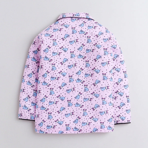 Polka Tots Full Sleeve Night Suit Pair Cat - Pink