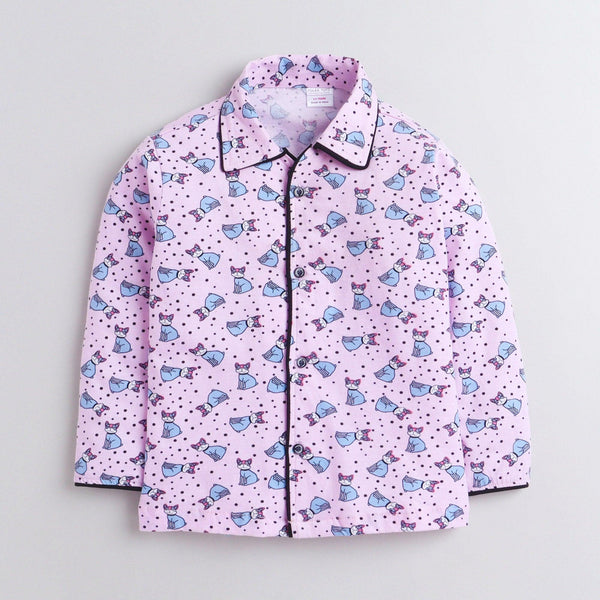 Polka Tots Full Sleeve Night Suit Pair Cat - Pink
