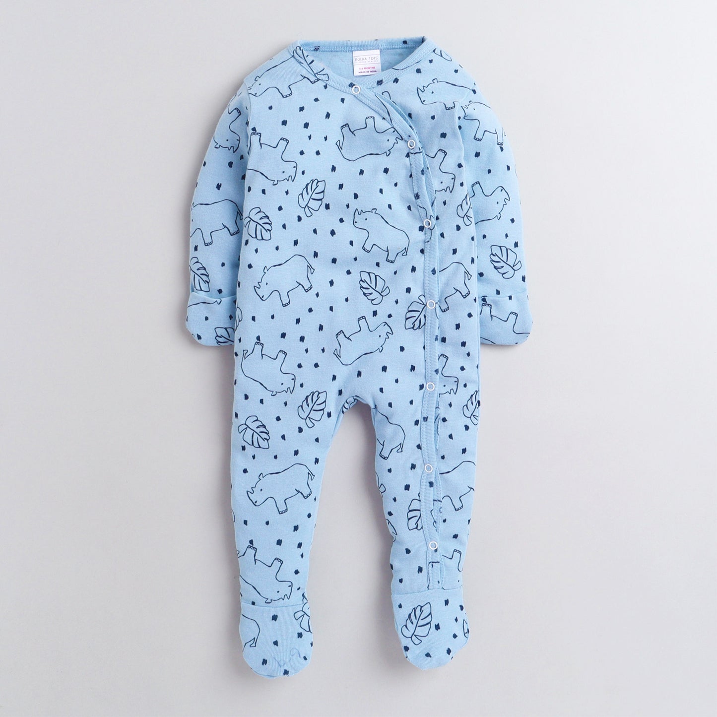 Polka Tots Footed Onesie with mittens 100% Cotton Rhino - Blue