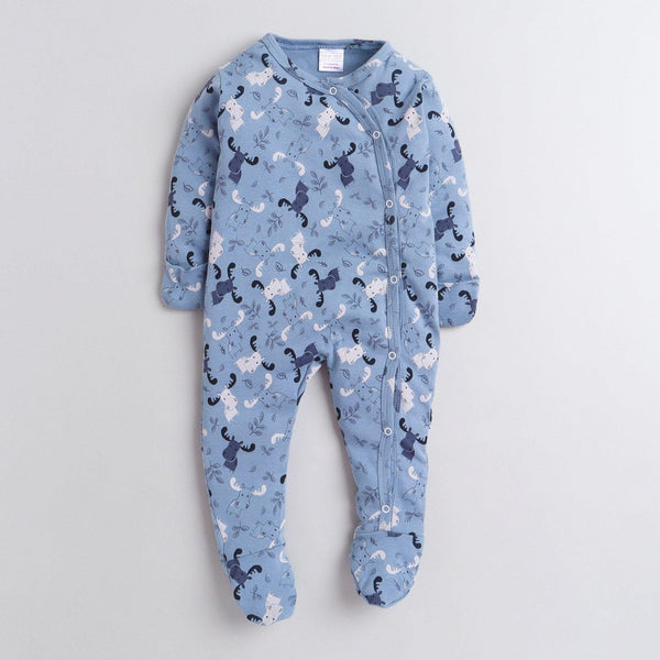 Polka Tots Footed Onesie with mittens 100% Cotton Reindeer - Blue