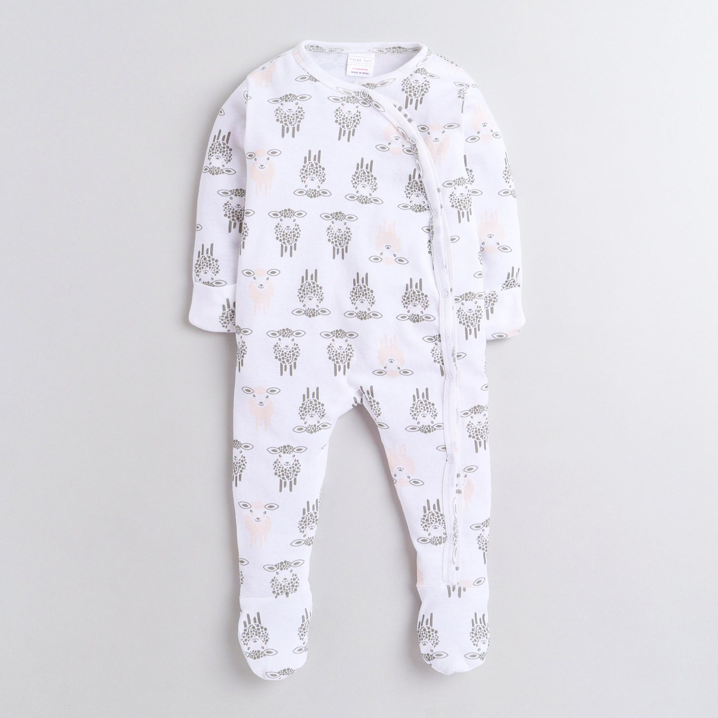 Polka Tots Footed Onesie with mittens 100% Cotton Sheep - White